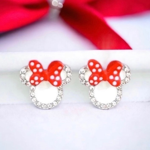 Sterling Silver Minnie Mouse Rhinestone Stud Earrings Disney Ears Red Bow - Picture 2 of 3